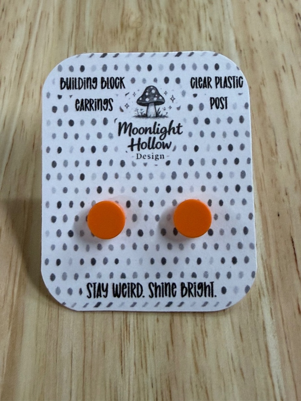 Handmade Building Block Round Stud Earrings Clear Posts Orange